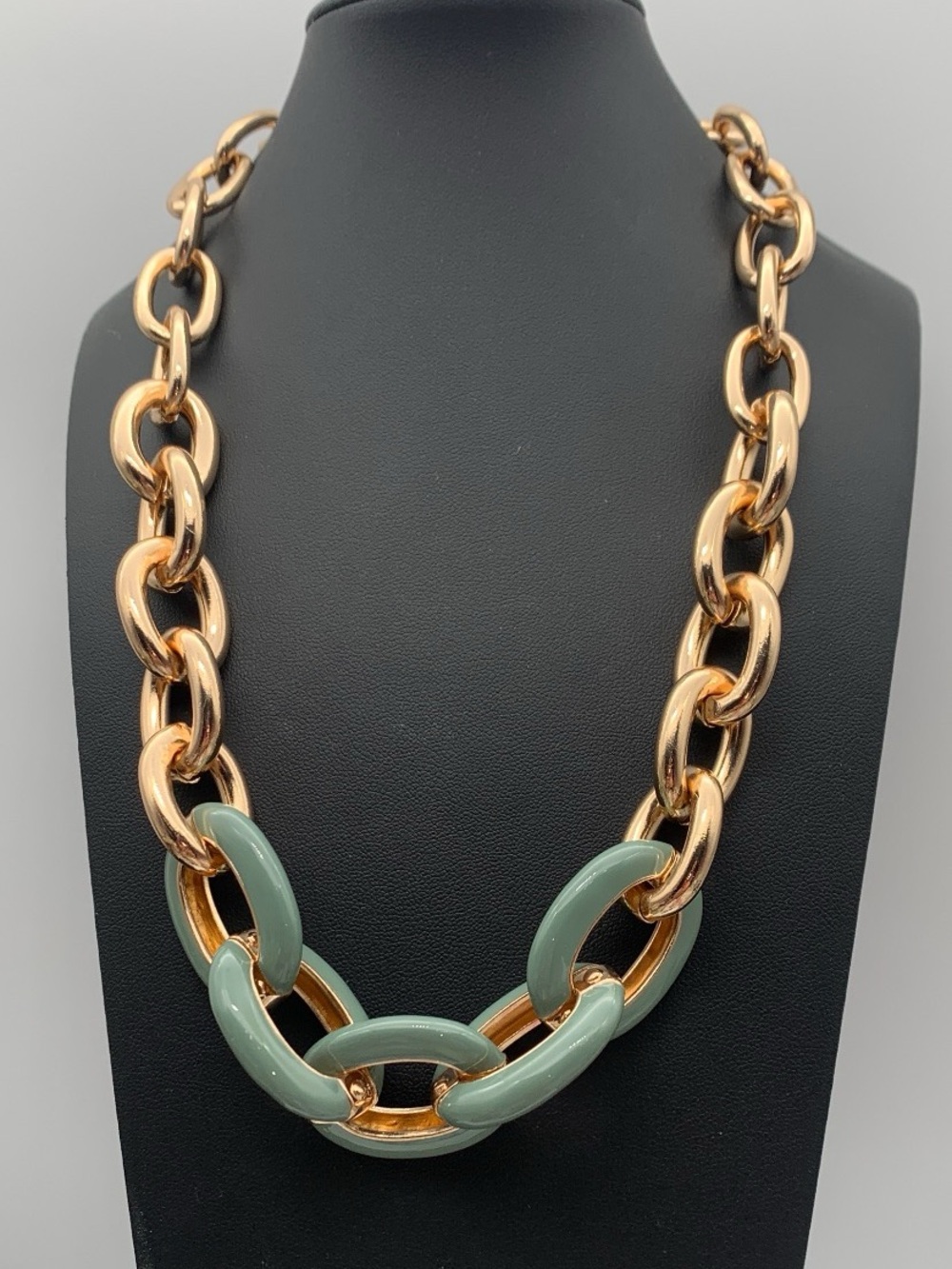Chunky weighty well made Gold Tone Chain link Necklace w Sage Green Enamel Links